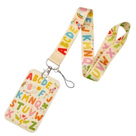 Colorful Alphabet Lanyard with ID Card Holder, Fun ABC Pattern with Rocket, Clover, Heart Designs, Soft Neck Strap and Plastic Badge Holder for School, Teachers, Kids, Students, Office