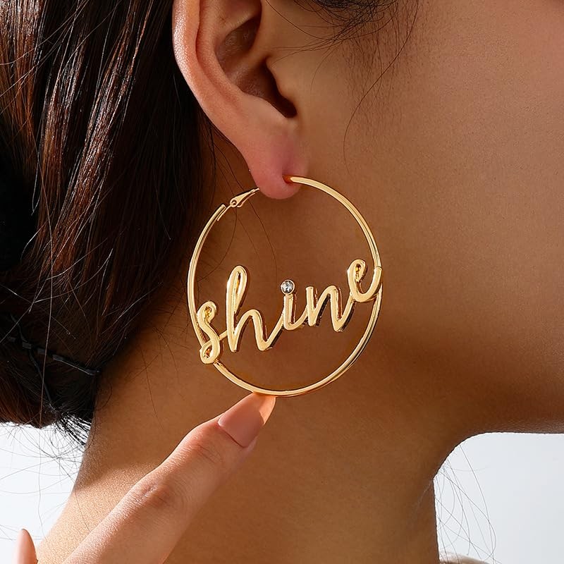 Gold Pated Large Circle Hoop Earrings with Shine Script, Lightweight