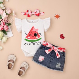 DOMOABEI Baby Girl Clothes 9-12 Months Baby Clothes For Girls Cute Romper Dress Ruffle Short Sleeve Demin Skirt With Headband Baby Girls' Clothing Watermelon Print Infant Outfits Set Pink 9-12 Months