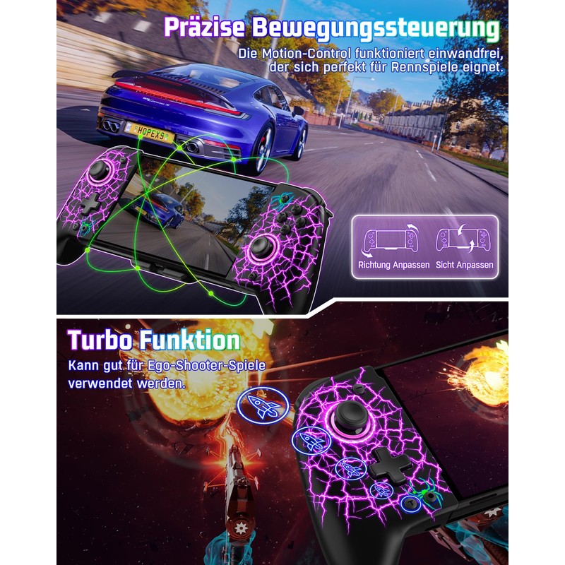 GAMSINGY Kabellos Handheld Switch Controller, Cooles RGB-Licht Switch Controller Griffe