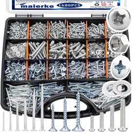 1680 PCS High Hardness Screw Bolts and Nuts & Nails & Wood Screws Assortment Kit,M3/M4/M5/M6 Machine Screws,Small Nails,#6#8 Drywall Screw Set for Picture Hanging and DIY (Length 1/2 to 2")