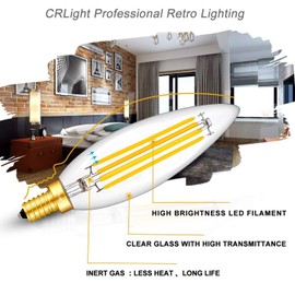 CRLight 8W Smooth Dimmable LED Candelabra Bulb, 3000K Soft White 800 Lumens 80W Incandescent Equivalent, E12 Base LED Filament Candle Bulbs, Large Size B11 Clear Glass Torpedo Shape, 6 Pack
