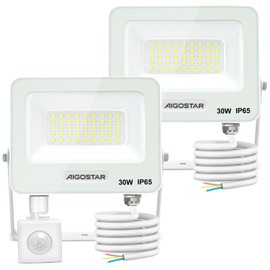 Aigostar 30 W LED Spotlight with Motion Sensor Outdoor, 2 Pieces, 2750 lm, 6500 K Cool White Outdoor Spotlight, IP65 Waterproof Spotlight, Floodlight for Indoor and Outdoor Use, Garden, Courtyards