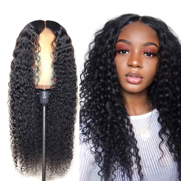 Surakey Women's Long Curly Black Wig, 22 Inch Lace Front Afro Wigs, Curly Wavy Natural Synthetic Wigs with Baby Hair, Middle Parting Wigs for Black Women