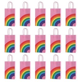 Zanceamy 24 Pcs Rainbow Paper Bags, Rainbow Candy Treat Bags, Small Gift Bags, Paper Birthday Present Bags with Handles for Wedding Birthday Party Baby Shower Shopping Supplies (Pink)