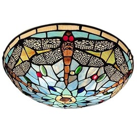 ARTZONE Tiffany Ceiling Lights, Stained Glass Ceiling Light 3-Lights 16 Inch Tiffany Flush Mount Ceiling Light Fixture for Bedroom Dining Living Room Entryway Foyer(Brown Dragonfly)