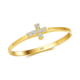 MAX + STONE 10K Gold Horizontal Cross Cubic Zirconia Ring | 10K Real Yellow Gold Band | Anti-Tarnishing and Hypoallergenic 10k Gold CZ Ring | Cross Ring for Women in Sizes 6-8, Metal Gemstone, Cubic