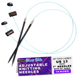My Two Ladies | Blue Silk | Adjustable Ergonomic Knitting Needles | 7" Wooden Knitting Needle | 24" Kink-Resistant Rotating Cable | Knit Quicker, Longer & Easier w/Reduced Hand Stress | US13 (9mm)