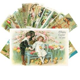 PIXILUV Vintage Easter Greetings Cards 24 pcs Happy Easter Greetings Retro Funny Cartoons with Kids Chickens and Rabbits Postcards REPRINT