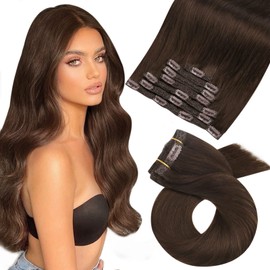 Moresoo Clip-In Dark Brown Remy Extensions, Double Wefts, Brown Hair Extensions, Real Hair, Clip-in, 7 Wefts, 120g, #4, 50 cm