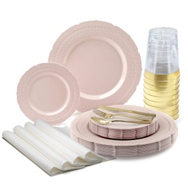 " OCCASIONS" 280pcs set (40 Guests)-Heavyweight Wedding Party Disposable Plastic Plate Set-40 x 11'' + 40 x 7'' + Gold Silverware + Cups + Napkins (Chateau in Blush/Dusty Rose Pink)