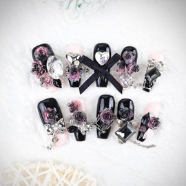 Yazikisa Handmade Press on Nails Long Fake Nail Coffin Artificial False Gel Fingernail 3D Rose Flower Bow Charms Glamnetic Acrylic Stick on Manicure Art Black Pink 10 Pcs (M)