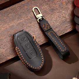 ontto Car Key Cover Case fit for Nissan Leaf Juke Versa Note Pathfinder R52 Patrol Y62 Leather Smart Key Fob Cover Keyring Accessories Remote Key Shell Keychain Key Holder 3 Buttons Black