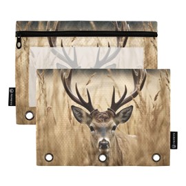 ATTX Wheat Field Deer Pencil Pouch for 3 Ring Binder with Smooth Zipper, Clear Window Pencil Case for Binder, Big Capacity with 3 Reinforced Grommets#149