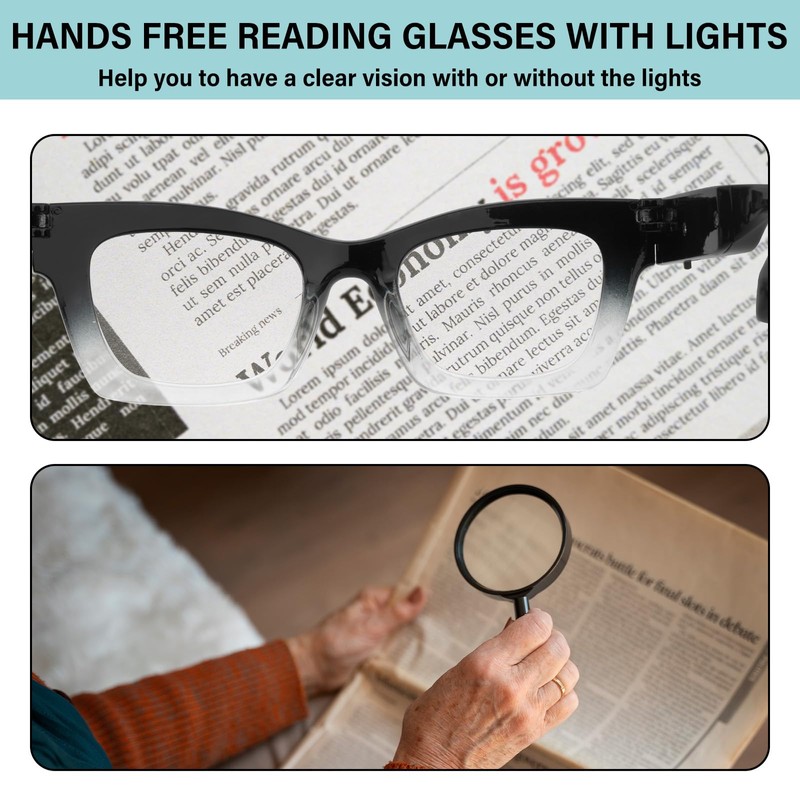 Reading Glasses with Lights USB Rechargeable Magnifying Glasses Lighted Readers