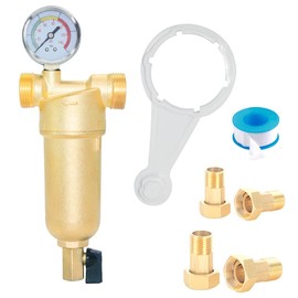 Beduan Reusable Spin Down Sediment Water Filter for Whole House Prefilter System Protector,1"Male Thread,3/4"Male & Female Thread,1/2"Male Thread (50 Micron & Copper Made & Pressure Gauge)