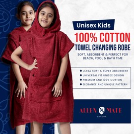 Allen & Mate Kids Swim Changing Robe - Quick Dry 100% Terry Cotton Beach Poncho Towel with Hood & Pocket for Boys & Girls (10-13 Years, Wine Red Dolphin)
