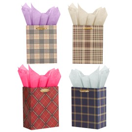 Bloomwords 9” Small Gift Bag, Plaid Gift Bag with Tissue Paper for Baby Showers, Birthdays, Weddings, Holiday Gifts, 7" W x 9" H x 4" D, 4 Pack
