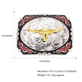 BBOTEN Long Horn Bull Belt Buckles for Men, Silver & Black Gold Longhorn Red Floral Engraved Cowboy Large Texas Buckle