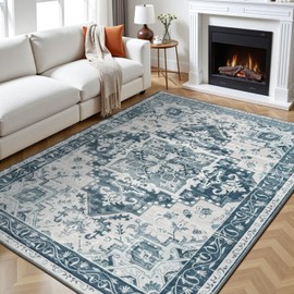 Rugflix Area Rug for Living Room, 6x9 Machine Washable Area Rugs with Non-Slip Backing, Large Soft Boho Vintage Rug for Bedroom, Dining Room, Low Pile Carpet, Kids Pet Friendly, Light Blue
