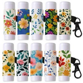 DELORIGIN Pack of 10 Lip Balm Holder Key Ring Lipstick Cases with Metal Clasp Elastic Lip Covers for Lip Balm Chapstick Storage, Plants Flowers