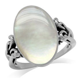 Silvershake Oval Shape White Mother of Pearl Inlay 925 Sterling Silver Victorian Style Heart Knot Ring Size 7