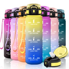Motswedi Sports Water Bottle, 1 Litre, BPA-Free, Water Bottle with Straw, with Time Marking, Drinking Bottles, Leak-Proof, for School, Sports, Outdoor, Yellow & Royal Blue