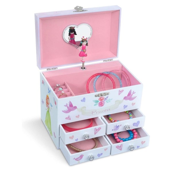 Jewelkeeper Fairy Princess and Hearts Large Musical Jewellery Storage Box with 4 Pull-out Drawers, Girl's Jewel Box, Dance of the Sugar Plum Fairy Tune jewellery box for girls