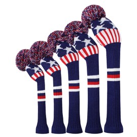 Blue Star Stripes Golf Head Covers Set of 5 for Driver Cover*1 Fairway Wood*2 Hybrid (UT)*2, Old-school Style, Big Pom-poms, Best Gift for Golfers