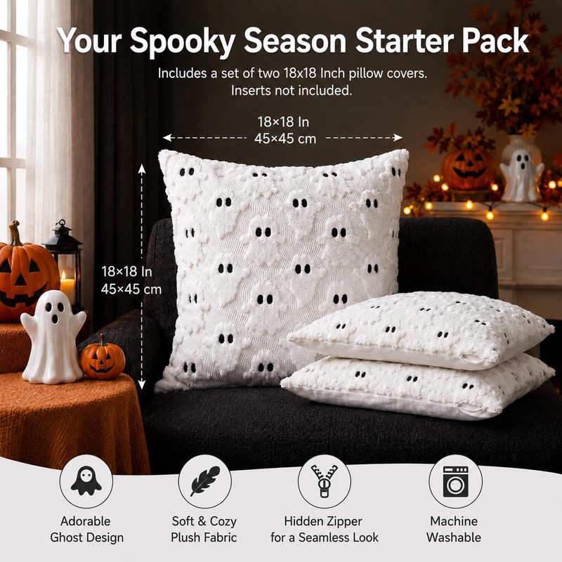 Halloween Pillow Covers 18x18In Set of 2 White 3D Ghost