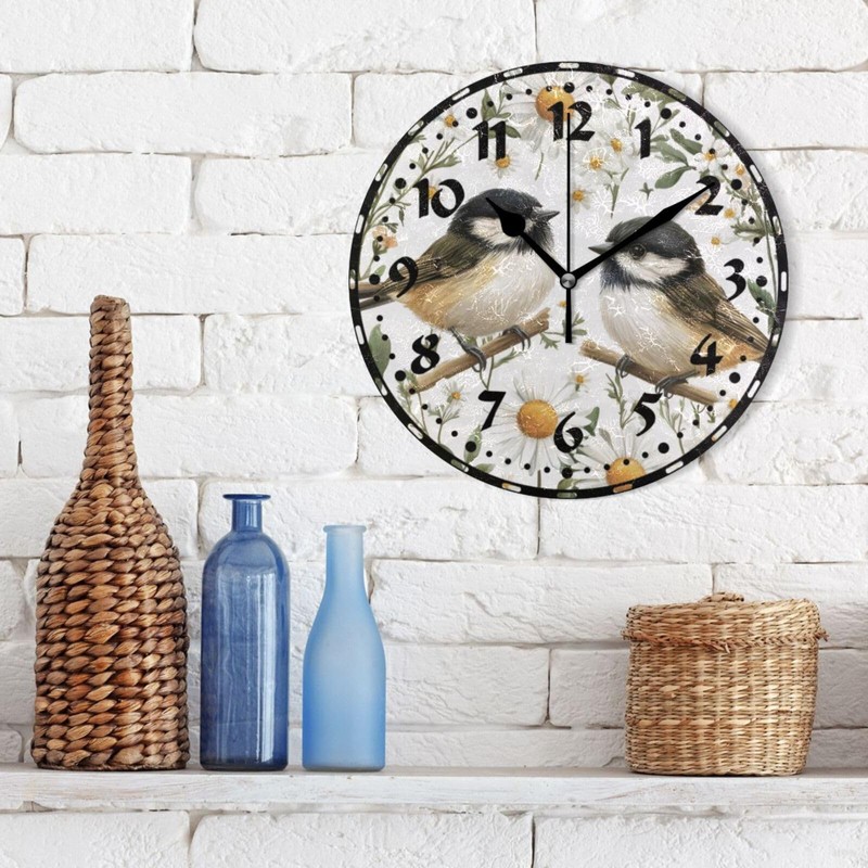 Msyxl Chickadee Birds Wall Clock, Silent Non Ticking 10 Inch