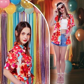 Hippie Tops Women's Hawaiian Blouse Costume Set Flower Power Shirt Women Vintage Outfit Shirt 70s Clothing Casual Retro Tops Carnival Fancy Dress Costume, orange, S