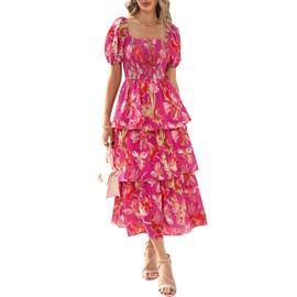 BTFBM Womens Square Neck Smocked Dress Summer Puff Short Sleeve Floral Casual Ruffle Tiered Maxi Wedding Guest Dresses(Floral Rose Red, Large)