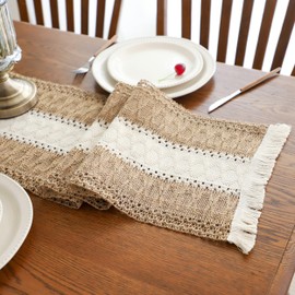 Simple&Opulence Boho Macrame Table Runner - 12 x 60 Inch, Splicing Burlap Farmhouse Cotton Table Runner with Tassels for Bohemian Rustic Wedding, Bridal Shower, Dinner （Brown & White）
