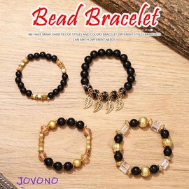 Jovono Boho Beaded Stackable Bracelets Chain Layered Elastic Leaf Hand Chains Vintage Beads Bangles Bracelet Set for Women(4PCS) (black)