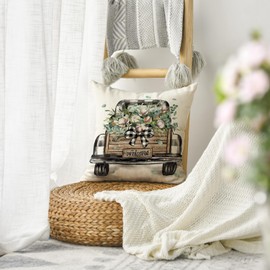 AVOIN colorlife Spring Eucalyptus Leaves Truck Throw Pillow Cover, 18 x 18 Inch Cotton Buffalo Plaid Cushion Case Decoration for Sofa Couch