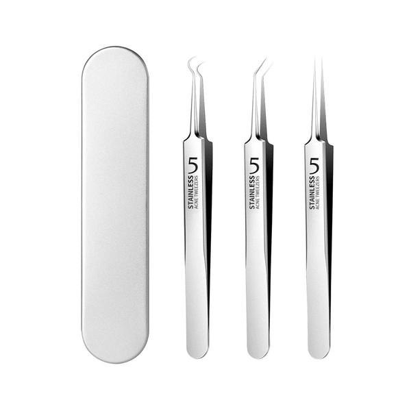 Samcos 3-Piece Precision Tweezers, Square Bottle Remover, Tip 0.004 inch (0.1 mm) Wide, Tweezers, Extra Fine Tweezers, Pimple Removal, Blackhead Removal, Pore Care, Precise Work Can Be Done, Square Bottle Remover, Tweezers, Storage Case Included