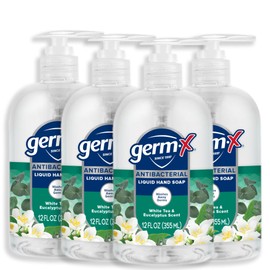 Germ-X Antibacterial Hand Soap, Moisturizing Liquid Hand Wash for Kitchen, pH Balanced & Dermatologist Tested, Back to School Supplies, White Tea & Eucalyptus, 12 oz Pump Bottle (Pack of 4)