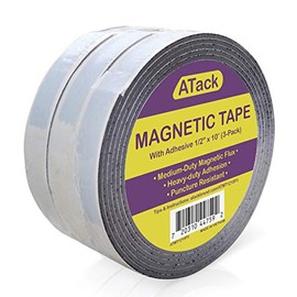 ATack Magnetic Tape Strip Roll, 1/2-Inch x 10-Foot, Pack of 3, Self-Adhesive, Peel and Stick on Double-Sided Magnet Strips for Fridge, Crafts and DIY Projects
