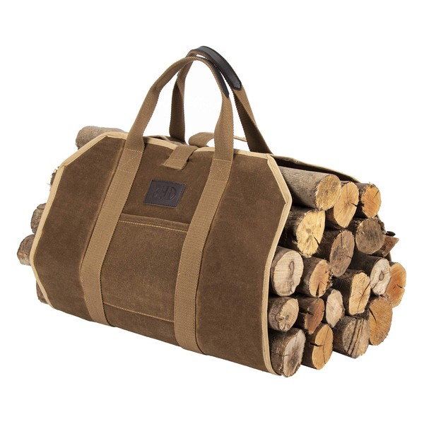 BHD Firewood Fireplace Carrier Logs Tote Holder 20 oz Waxed Canvas Sturdy Bag with Handles for Camping Indoor Outdoor Brown