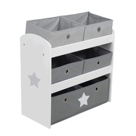 roba Play Shelf - Grey Stars - Children's Multi-Bin Toy Organizer, Shelf Storage Cabinet with 5 Fabric Boxes, Boys & Girls
