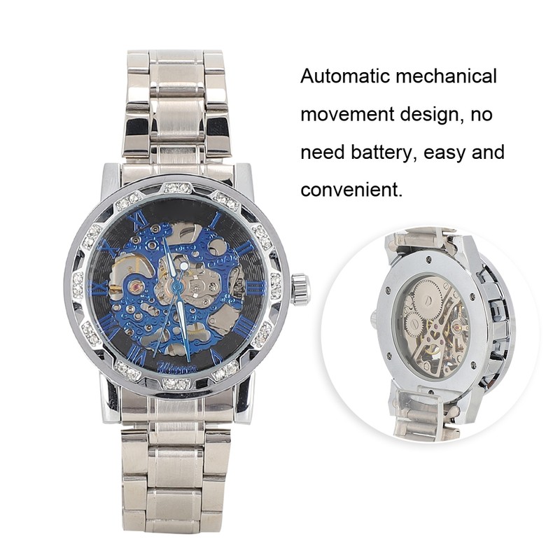 Fashion Waterproof Men Round Dial Hollow Automatic Wristwatch Mechanical Watch(Blue