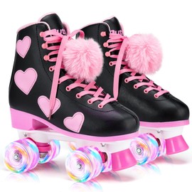 Ruthfot Women's and Girl's Classic Roller Skates with Light up Wheels and Love Heart Pattern, High-top PU Leather Rollerskates…