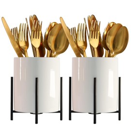 SIEBOLD 2pcs Cutlery Holder White Ceramic With Black Matte Bracket Robust Silverware Caddy For Store Forks, Knives, Spoons, Napkins, Medium