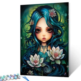 Forest Princess Paint by Number Little Girl with Lotus Flowers DIY Painting On Canvas with Brushes Acrylic Paints Paint by Numbers for Adults and Students Beginner 16x20 Inch Gift（Frameless)