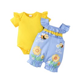 6-9 Months Toddler girl summer outfits yellow short sleeve romper sunflower Overalls shorts sets 2pcs baby girls bodysuit