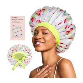 Vettres Floral Satin Bonnet For Sleeping Women Double Layer Pleated Design Adjustable Shower Cap For Curly Hair Strawberries