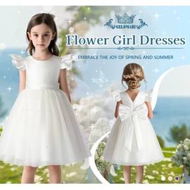 GELOMARI Satin Flower Girl Dress V-Back Ruffle Sleeve Dresses Girls Tulle Dress for Wedding First Communion with Bow-Knot(9-10Y White)