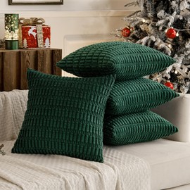 MIULEE Christmas Pack of 4 Dark Green Corduroy Decorative Throw Pillow Covers 18x18 Inch Soft Boho Striped Pillow Covers Modern Farmhouse Home Decor for Sofa Living Room Couch Bed