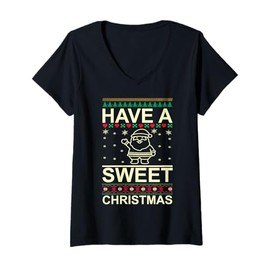 Women's Have a Sweet Christmas.Santa Ugly Christmas Sweater T-Shirt with V-Neck, black